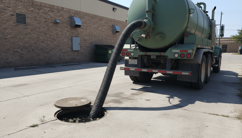 Vacuum truck hose connected to an open outdoor grease interceptor lid