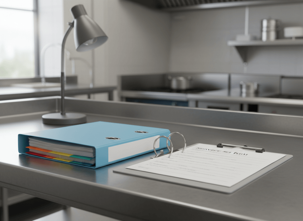 Binder and clipboard of grease trap service records on a kitchen counter