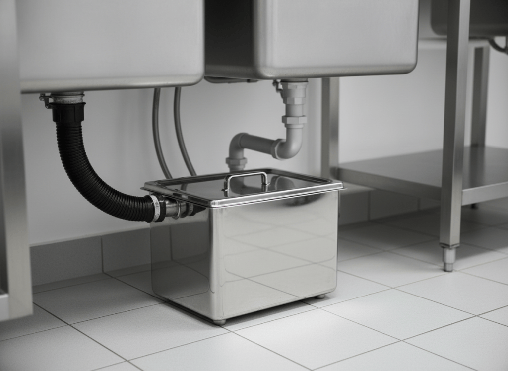 Small indoor grease trap installed under a commercial kitchen sink